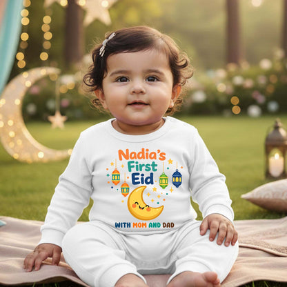 Newborn & Baby Clothing | Baby First Eid With Mom & Dad  White Romper With Personalized Baby Girl Name | Soft Cotton