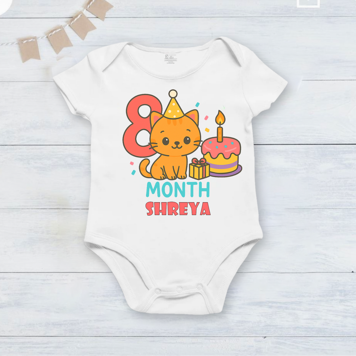 Infant monthly birthday 12 Months of Love cute cat design_ Customized name White Onesie