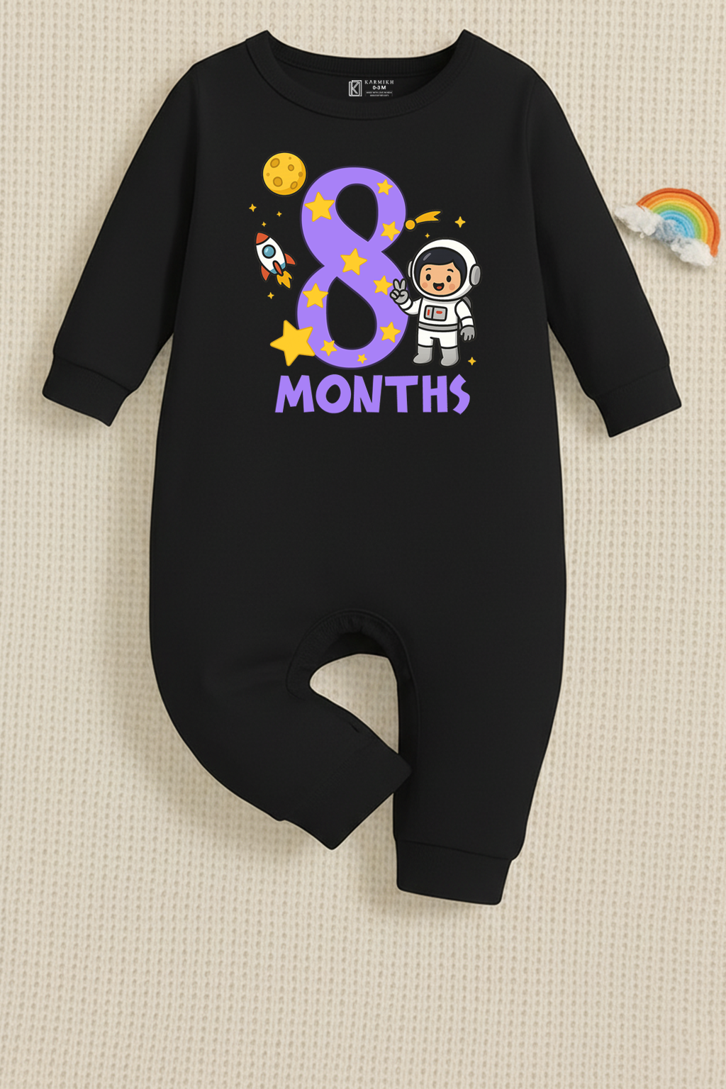 Infant monthly birthday Combo with customized name Space Astronaut 12 Months of Love_ Black Full onesies