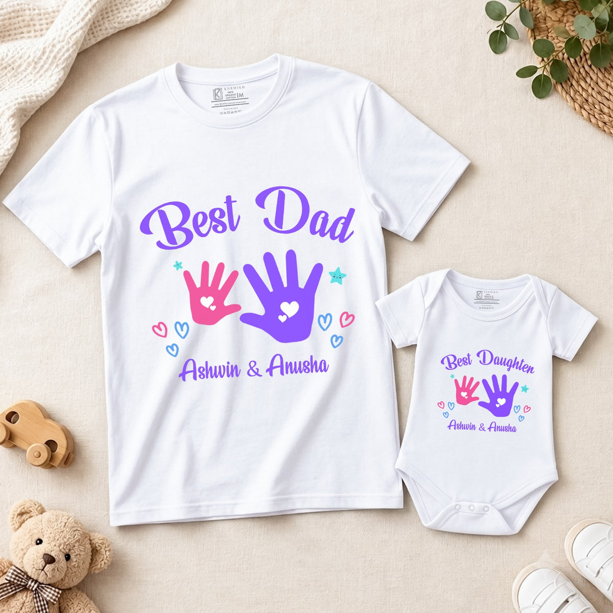 New Born & Baby Clothing | Best Dad & Daughter Together With Custom Baby & Father Name Handprints Design Combo | Soft T-shirt