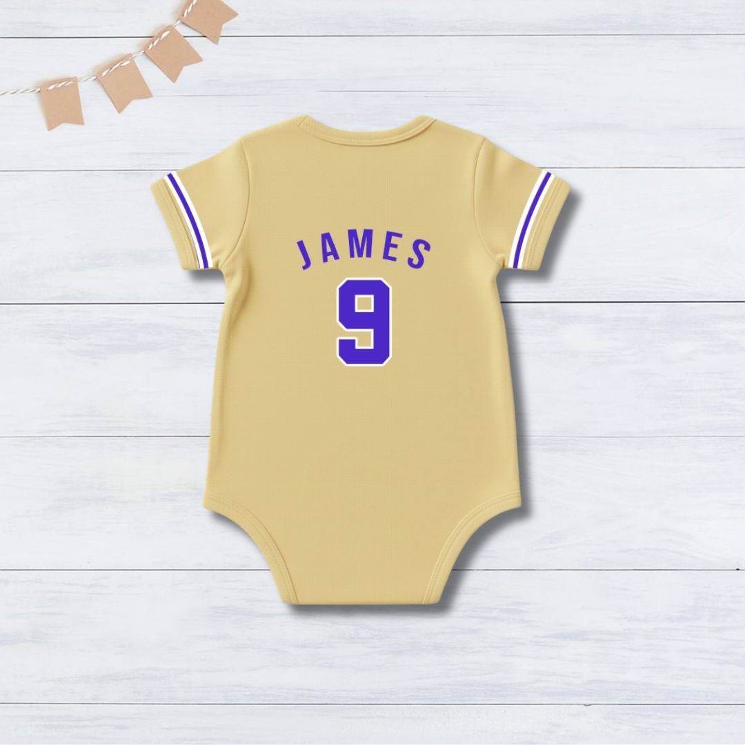 Yellow Basketball Jersey Inspired With Customized Baby Name Bodysuit _ Yellow Romper