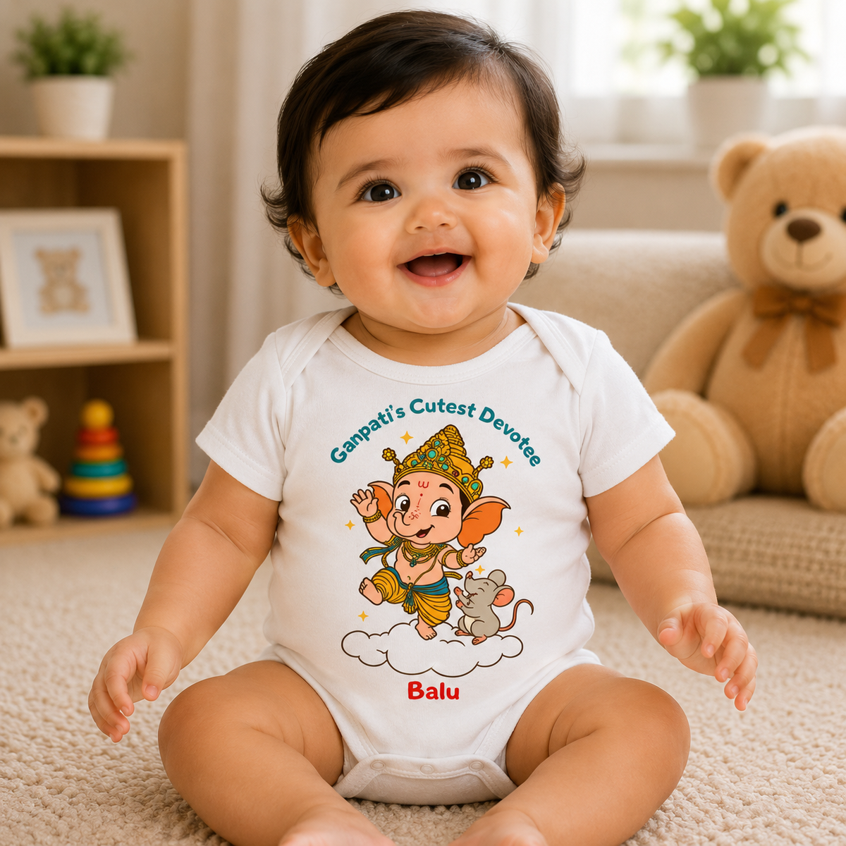 Ganpati's Cutest Devotee with customised name_ White Onesie