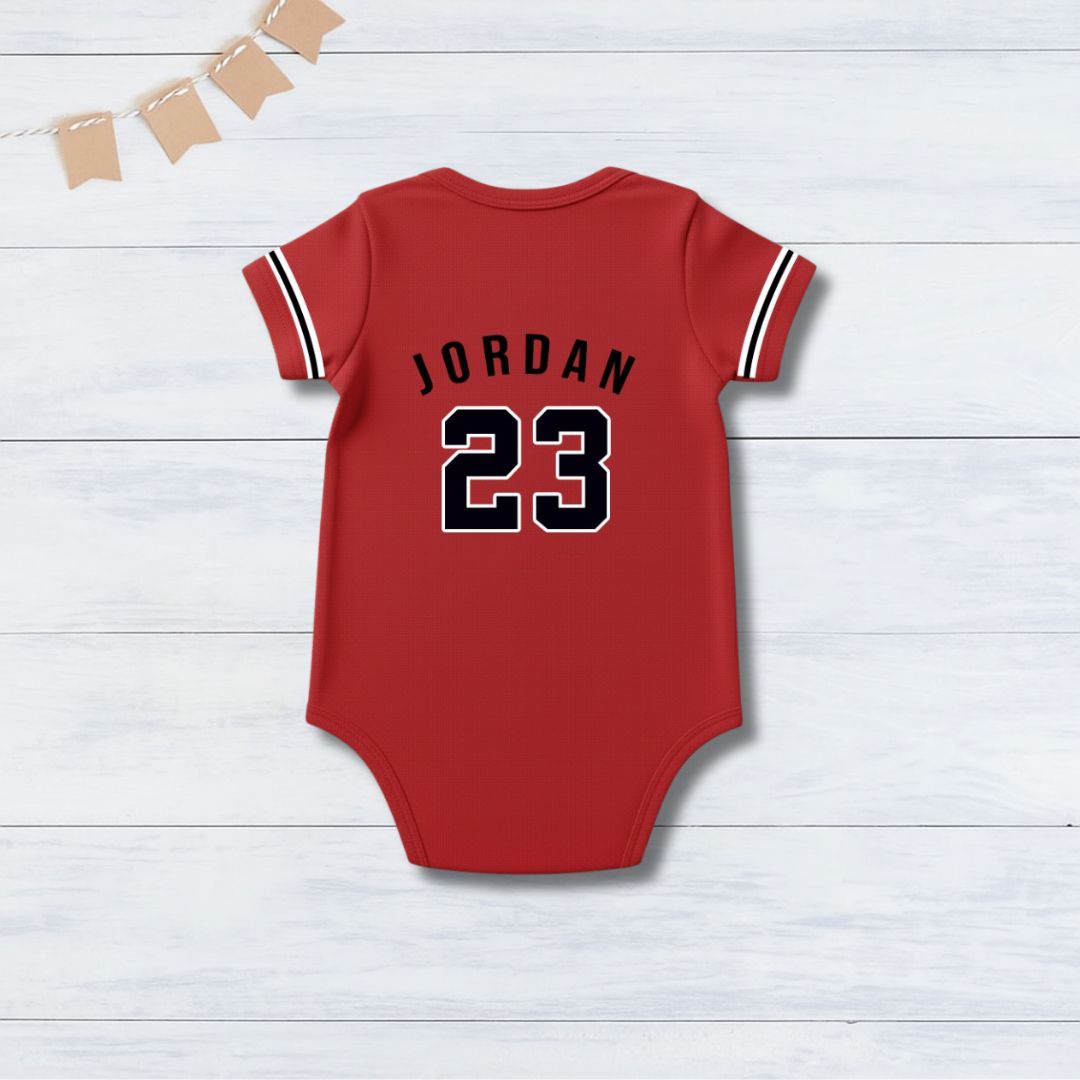 Red Basketball Jersey Inspired  With Customized Baby Name Bodysuit _ Red Bodysuit
