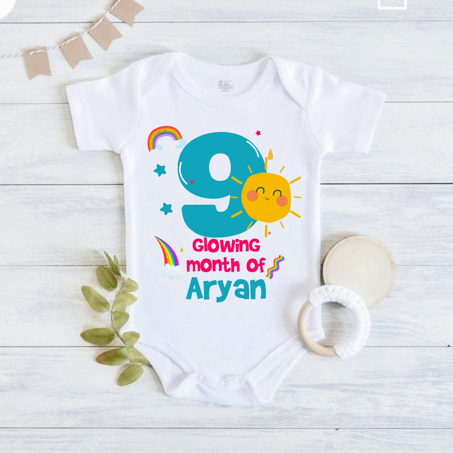 Infant monthly birthday with customized name 12 Months of Love and Happiness onesies