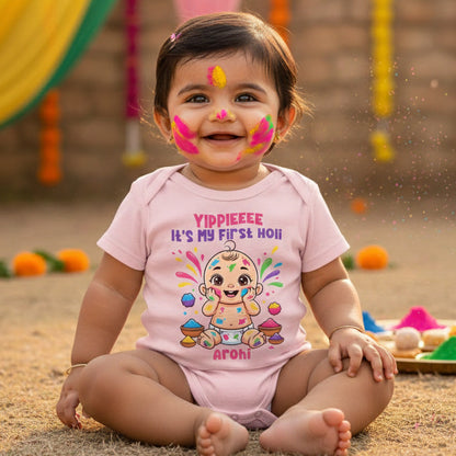 New Born & Baby Clothing | Baby First Holi Dress with Baby Girl Name | Soft Pink Cotton