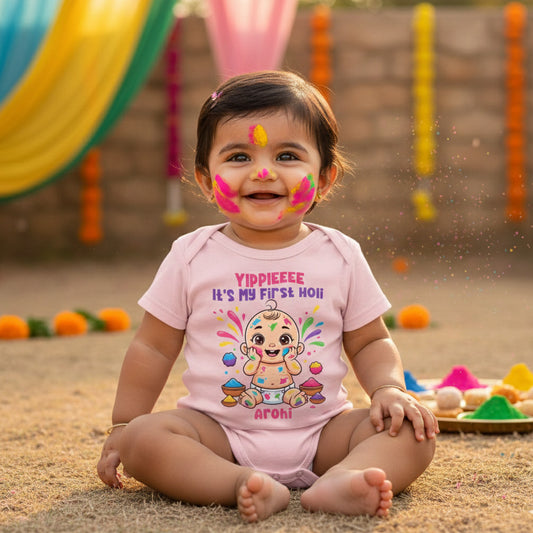 New Born & Baby Clothing | Baby First Holi Dress with Baby Girl Name | Soft Pink Cotton