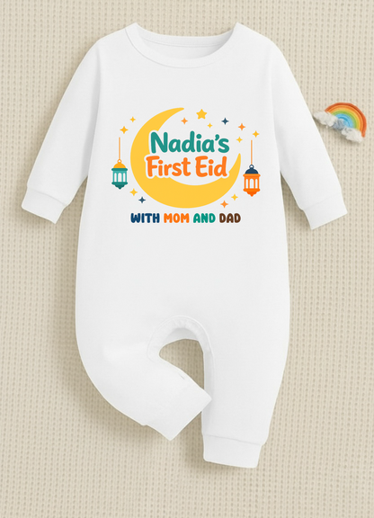 Newborn & Baby Clothing | Baby First Eid With Mom & Dad Romper With Personalized Baby Girl Name | Soft White Cotton