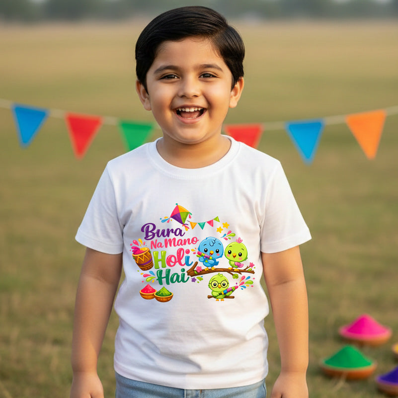 New Born & Baby Clothing | Bura Na Mano Holi Hai  White Kid's T-shirt | Soft Cotton
