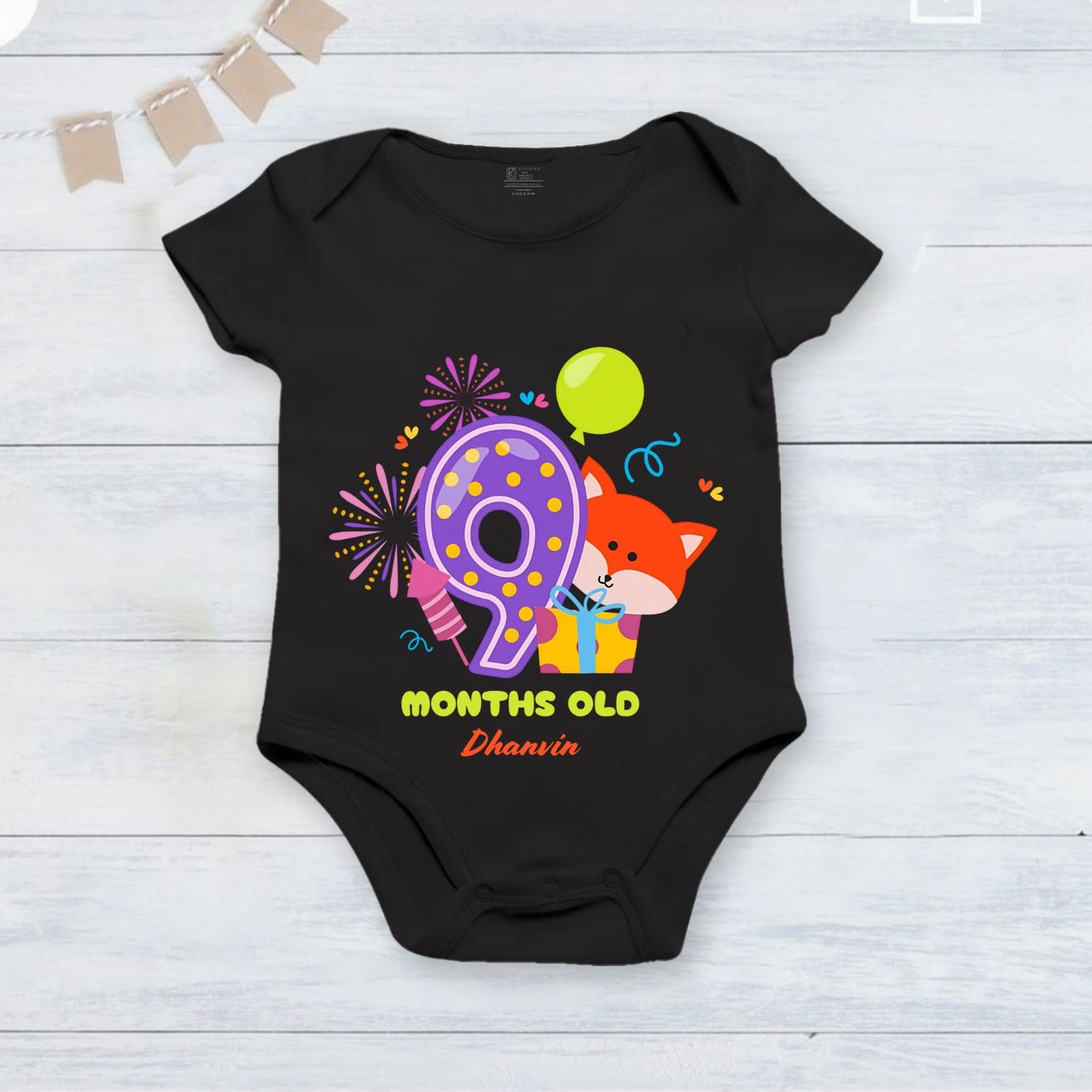 Infant monthly birthday_ With Customized Baby  Name Stylish Black Onesie