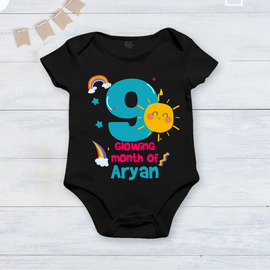 9th Infant monthly birthday_ With Customized Baby Boy's Name Stylish Black Onesies