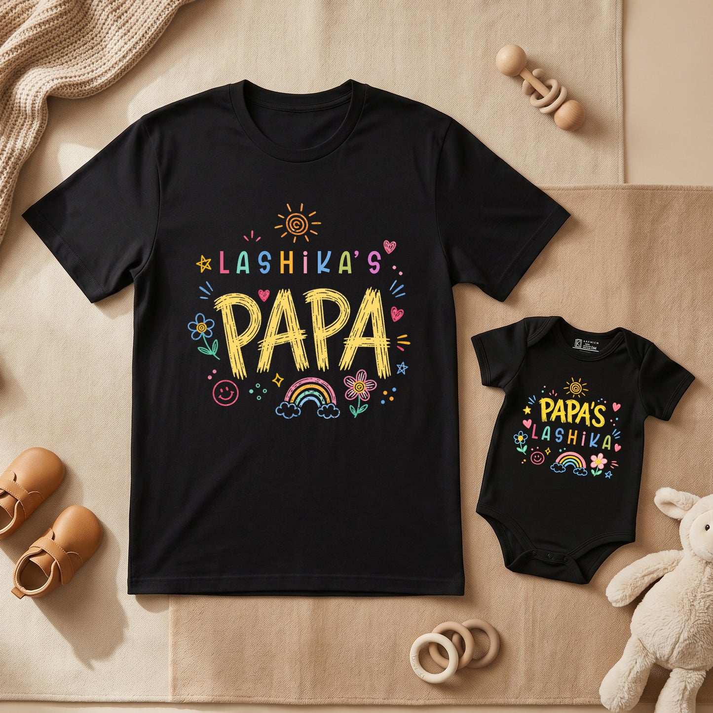 New Born & Baby Clothing | Dad & Baby Twinning Black Sets With Customized Baby Name | Soft T-shirt