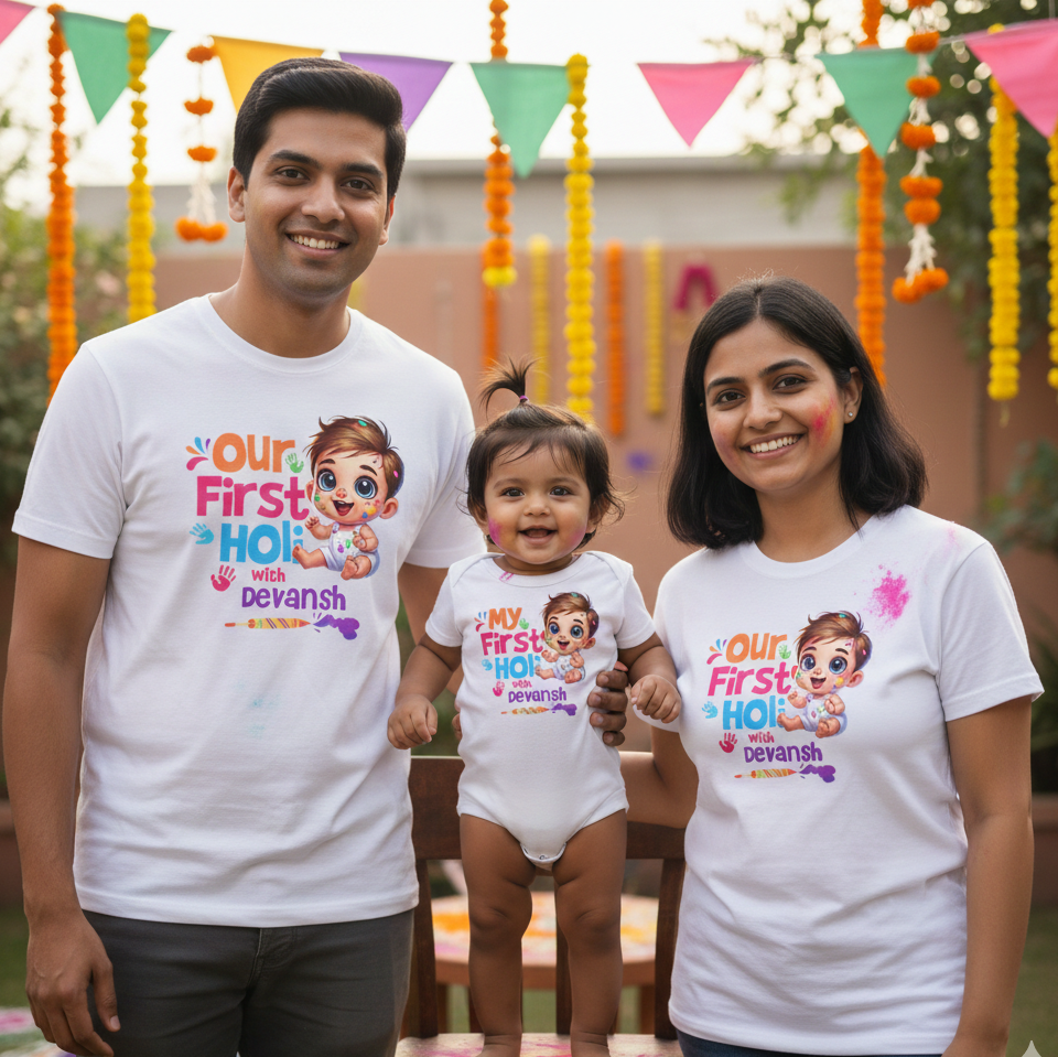Matching My First Holi Family T-Shirts | With Customized Baby Boy Name Printed | Cotton Set