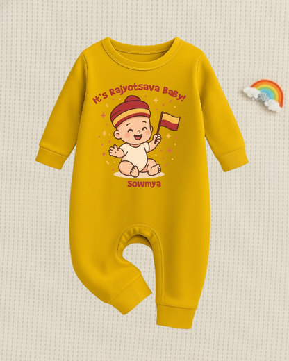 It's Rajyotsava Baby ... ! With Customized Baby Name  _ Yellow Full Romper