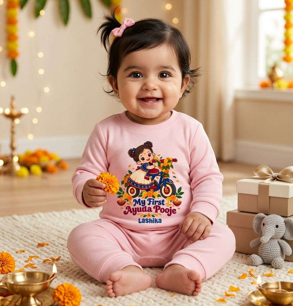 My First Ayuda Pooja With Customized Baby Girl Name _ Full Pink Romper