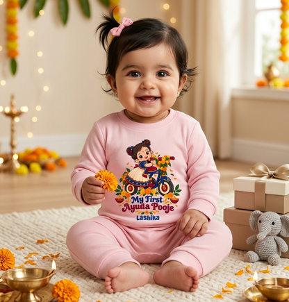 My First Ayuda Pooja With Customized Baby Girl Name _ Full Pink Romper