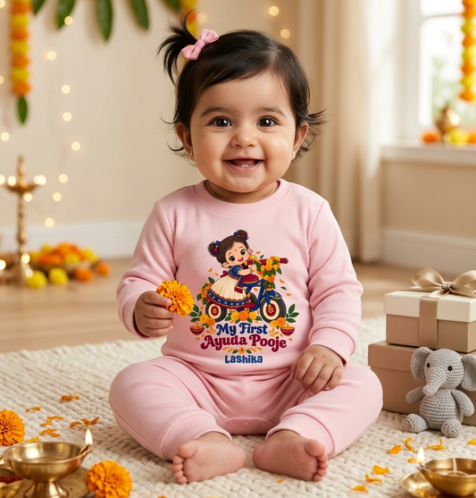 My First Ayuda Pooja With Customized Baby Girl Name _ Full Pink Romper