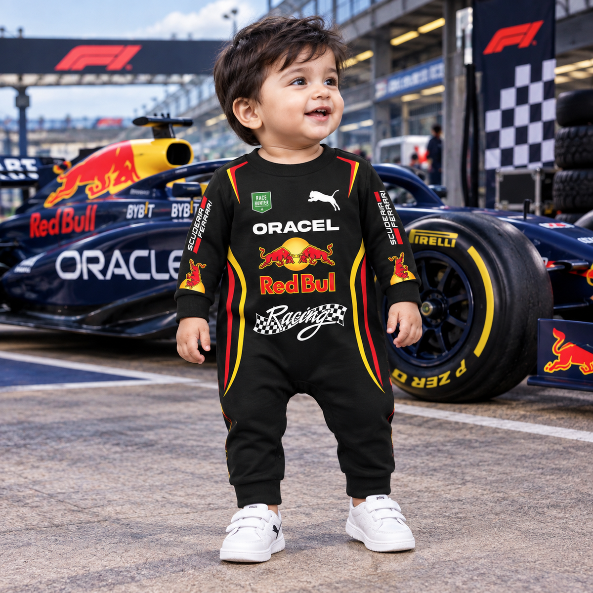 New Born & Baby clothing | Racing Rookie – Personalized Baby Romper with Customized Baby Name Printed | Soft Black Full Romper Cotton