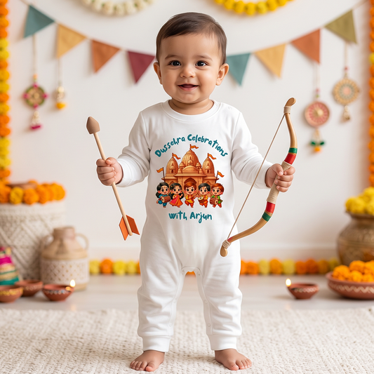 Dussehra Celebrations With Customized Baby Name _ Full White Romper