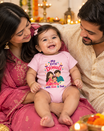 New Born | My First Diwali With Mom & Dad | Pure Cotton Pink  Onesie