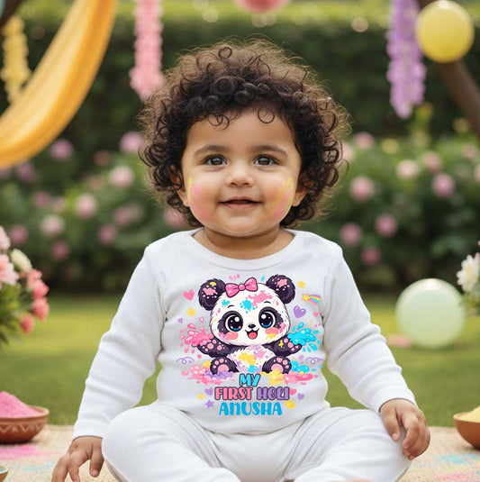 New Born & Baby Clothing | Baby My First Holi White Romper With Customized Baby Name | Soft Cotton