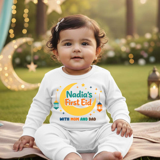 Newborn & Baby Clothing | Baby First Eid With Mom & Dad Romper With Personalized Baby Girl Name | Soft White Cotton