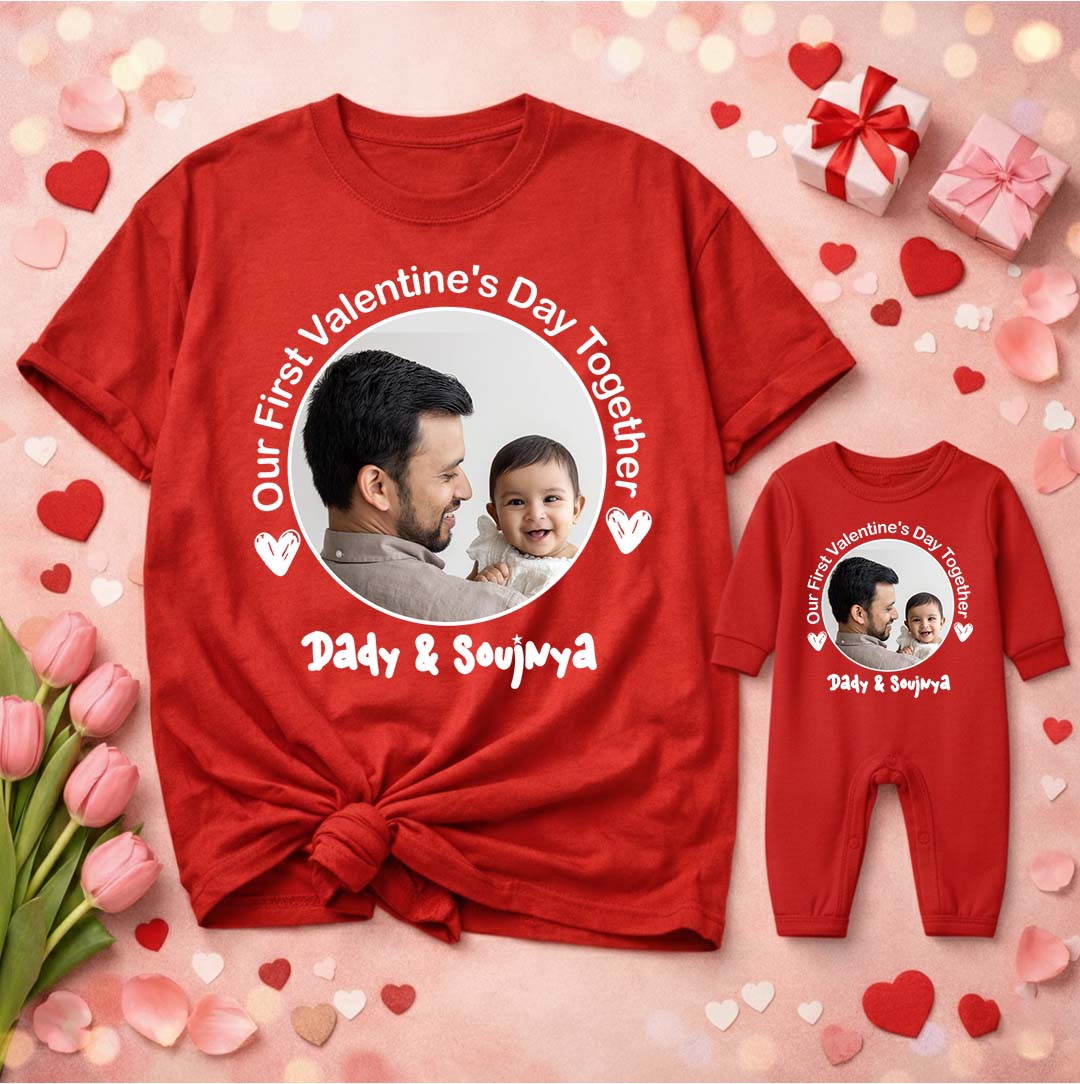 Red t-shirt and baby onesie with a photo of a father and child, text 'Our First Valentine's Day Together' on a pink background with hearts and flowers.