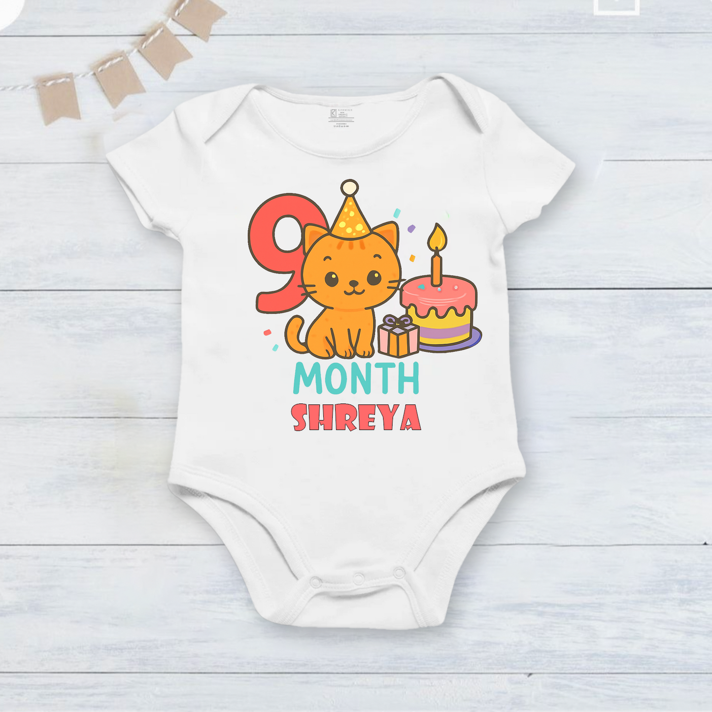 Infant monthly birthday 12 Months of Love cute cat design_ Customized name White Onesie