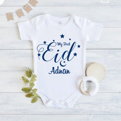 Newborn & Baby Clothing | Baby My First EID  With Personalized Name | Soft Cotton White Onesie