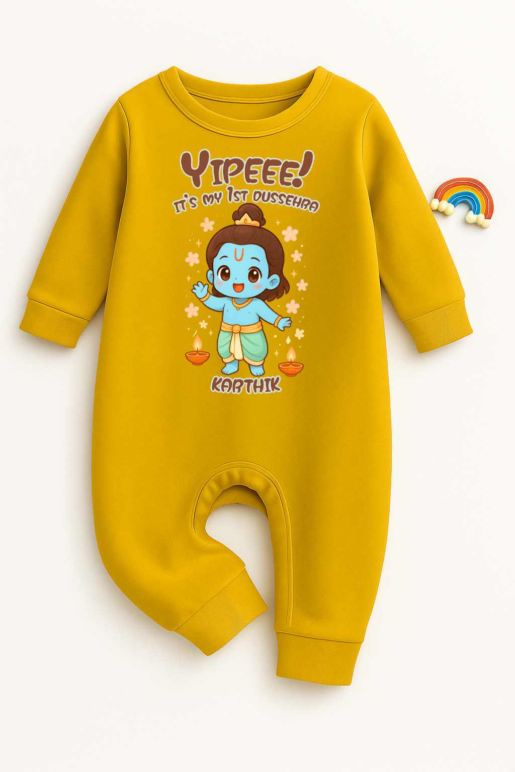 Yipee!! It's My 1st Dussehra Romper With Customized Baby Boy Name _ Full Yellow Romper