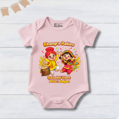 New Born & Baby Clothing | Bhangra Babies Baisakhi Vibes With Customized Baby Name Pink Bodysuit | Soft Cotton