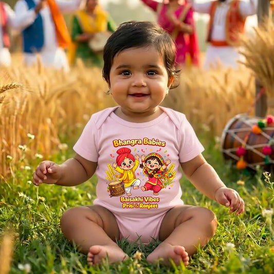 New Born & Baby Clothing | Bhangra Babies Baisakhi Vibes With Customized Baby Name Pink Bodysuit | Soft Cotton