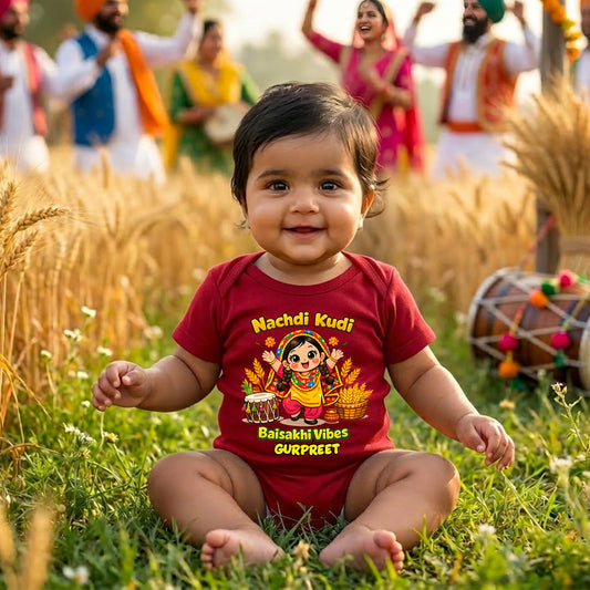 New Born & Baby Clothing | Nachdi Kudi Baisakhi Vibes With Customized Baby Name | Soft Cotton