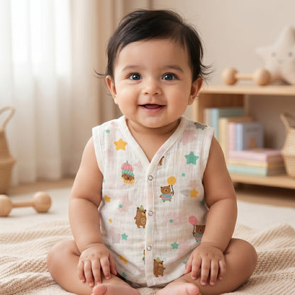 New Born & Baby Clothing | Sleeveless Muslin Baby Dress (0-3 Months) Teddy & Stars Cute Print | Soft Cotton