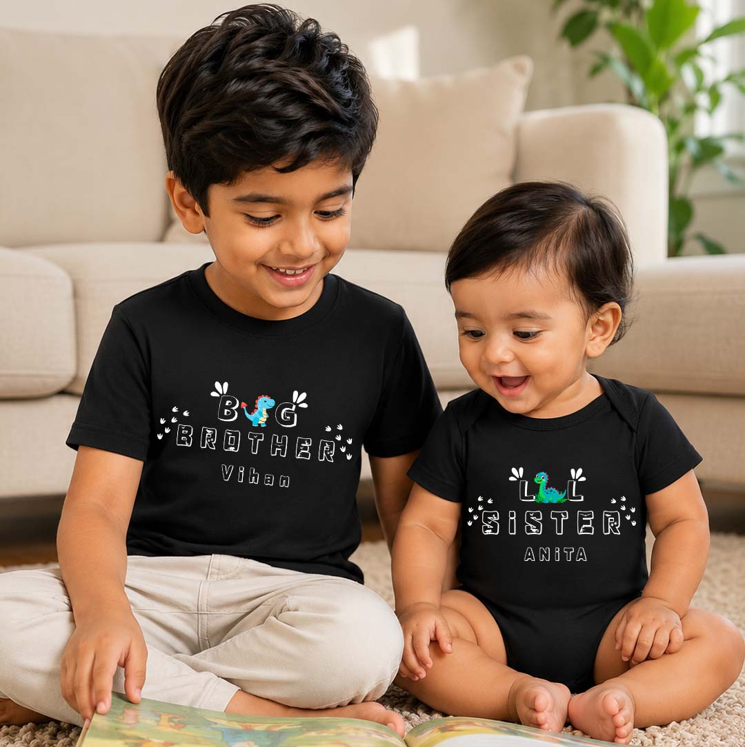 Combo pack of Big Brother, Little Sister with Customised Name_ Black Tees & Onesie