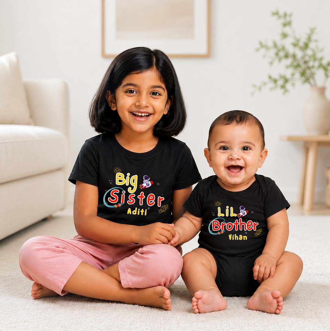 Combo pack of Big Sister, Little Brother astronaut design with Customised Name_ Black Tees & Onesie