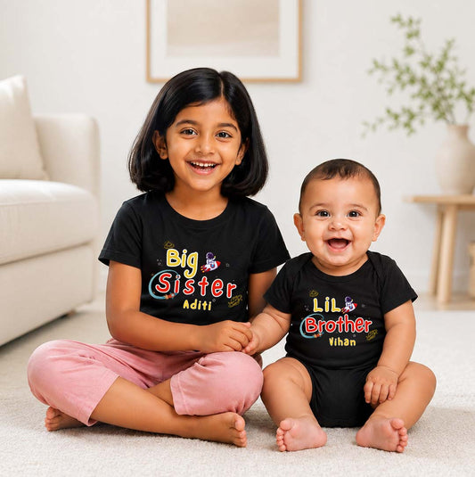 Combo pack of Big Sister, Little Brother astronaut design with Customised Name_ Black Tees & Onesie