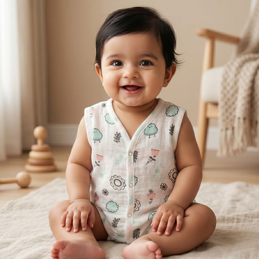 New Born & Baby Clothing | Sleeveless Muslin Baby Dress (6-9 Months) Green Birdy Cute Print | Soft Cotton