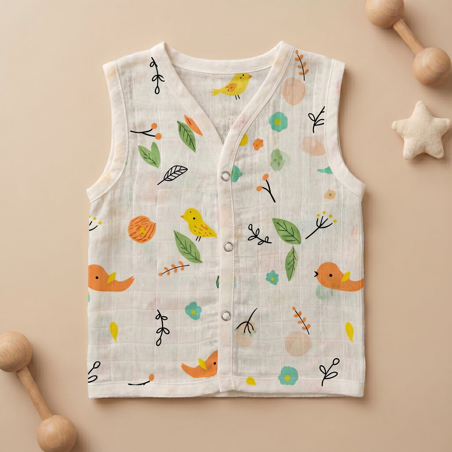 New Born & Baby Clothing | Sleeveless Muslin Baby Dress (0-3 Months) Birdy Leaf Cute Print | Soft Cotton
