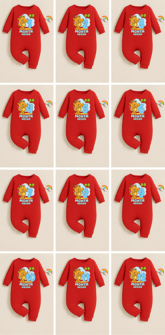 Infant monthly birthday Baby Bear With Customized Baby Name _ Full Red Romper