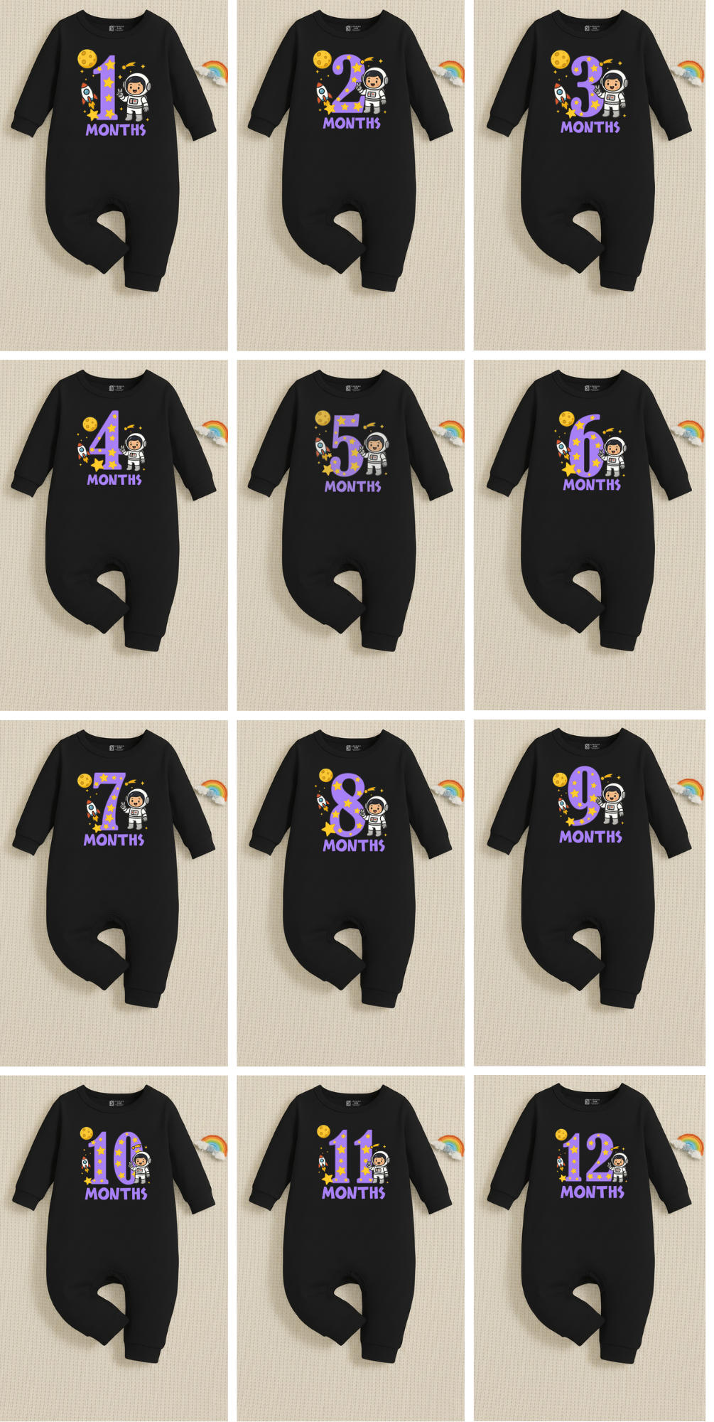 Infant monthly birthday Combo with customized name Space Astronaut 12 Months of Love_ Black Full onesies