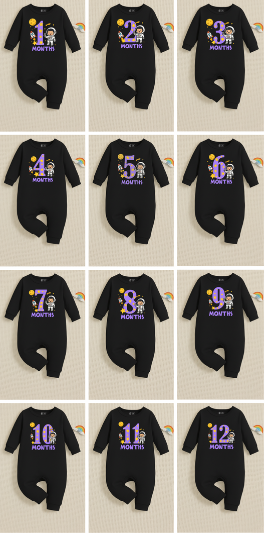 Infant monthly birthday Combo with customized name Space Astronaut 12 Months of Love_ Black Full onesies