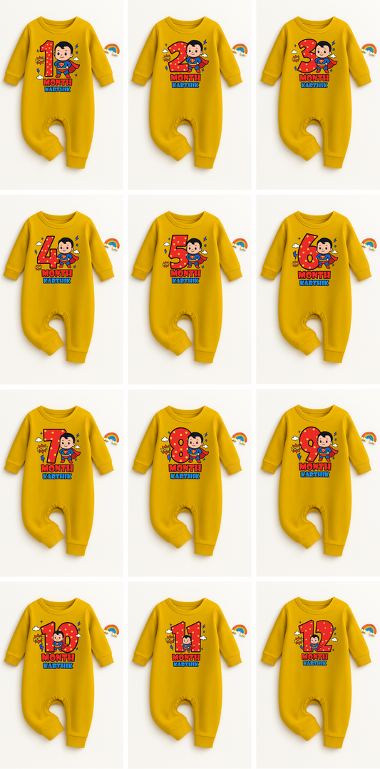 Infant monthly birthday Super Baby With Customized Baby Name _ Full Yellow Romper