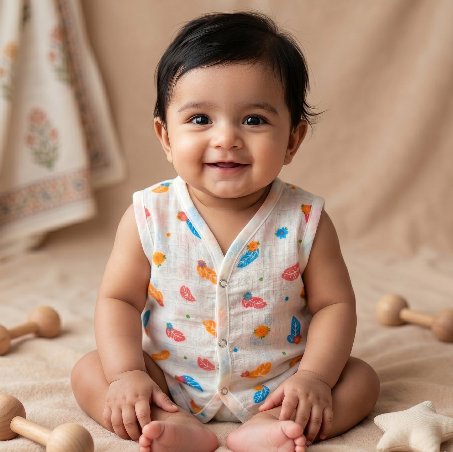 New Born & Baby Clothing | Sleeveless Muslin Baby Dress (6-9 Months) Blue Leaf Cute Print | Soft Cotton