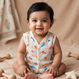 New Born & Baby Clothing | Sleeveless Muslin Baby Dress (6-9 Months) Blue Leaf Cute Print | Soft Cotton