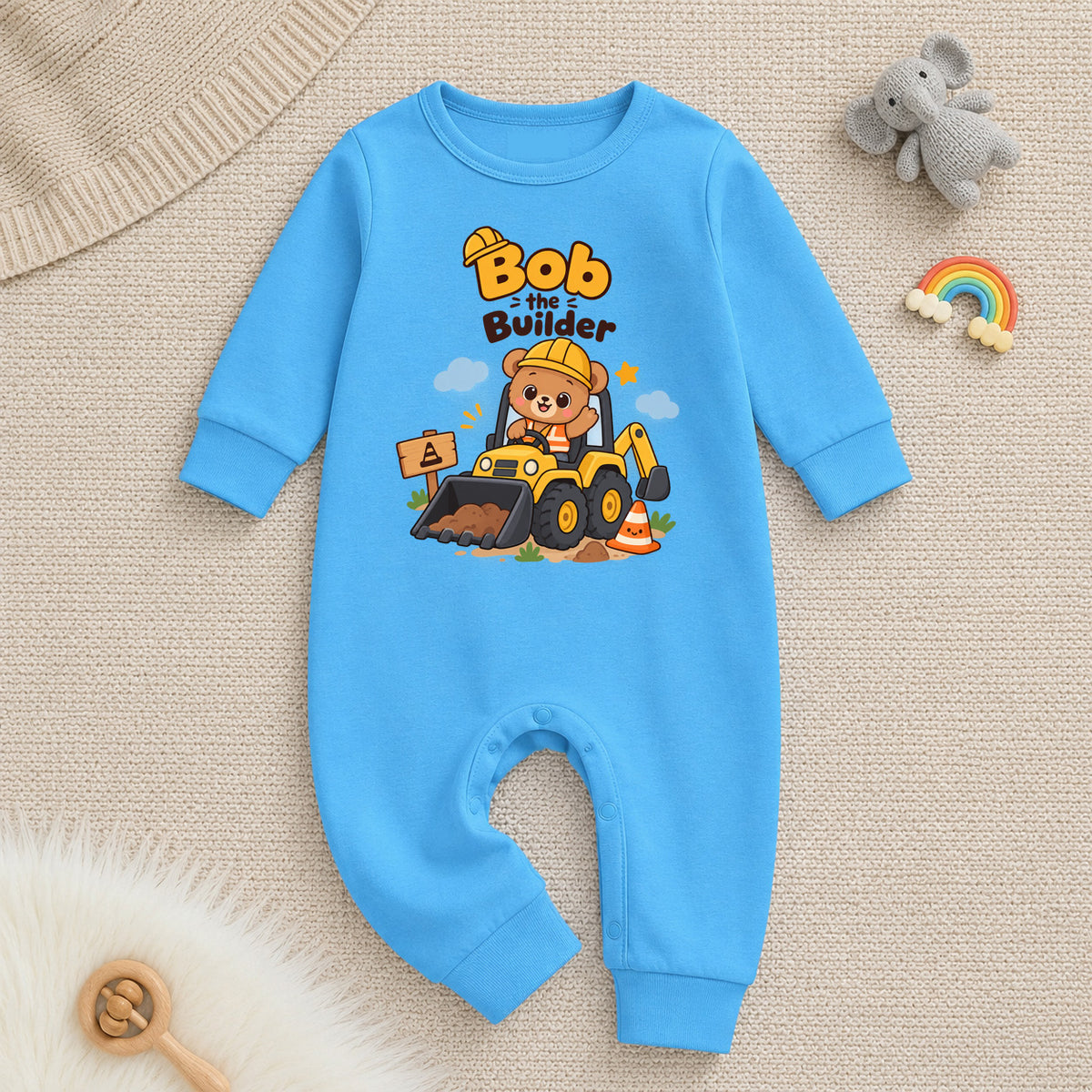 Karmikh Baby Boy Romper | Bob the Builder Construction Print | Sky Blue Full Sleeve Cotton Baby Romper