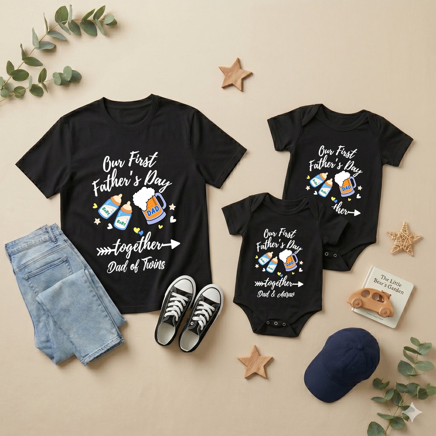 New Born & Baby Clothing | Our First Father's Day Together Twin Baby Sets T-shirt and onesie With Custom Baby Name | Soft T-shirt