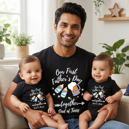 New Born & Baby Clothing | Our First Father's Day Together Twin Baby Sets T-shirt and onesie With Custom Baby Name | Soft T-shirt