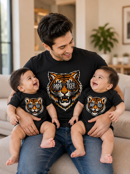New Born & Baby Clothing | Our First Father's Day Together Tiger Twin Baby Sets T-shirt and onesie With Custom Baby Name | Soft T-shirt