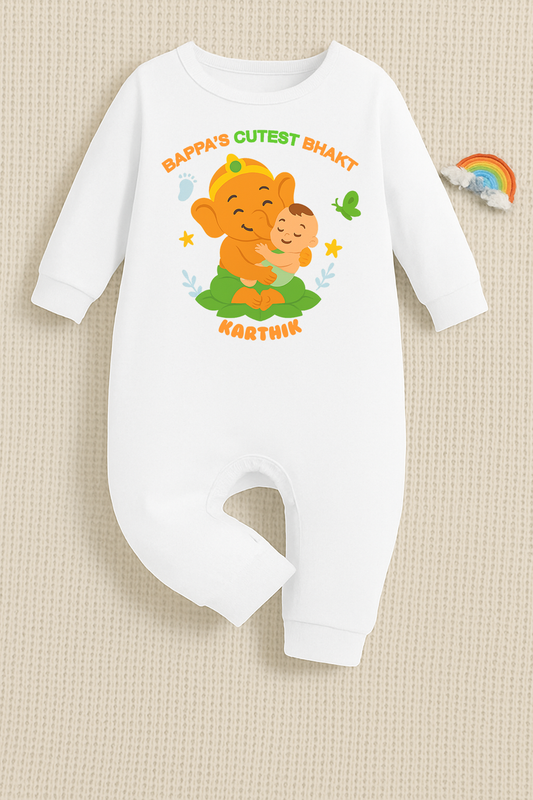 Bappa's Cutest Bhakt with customised name_ Full White Romper