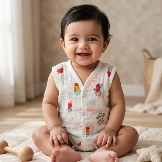 New Born & Baby Clothing | Sleeveless Muslin Baby Dress (0-3 Months) Cactus Cute Print | Soft Cotton